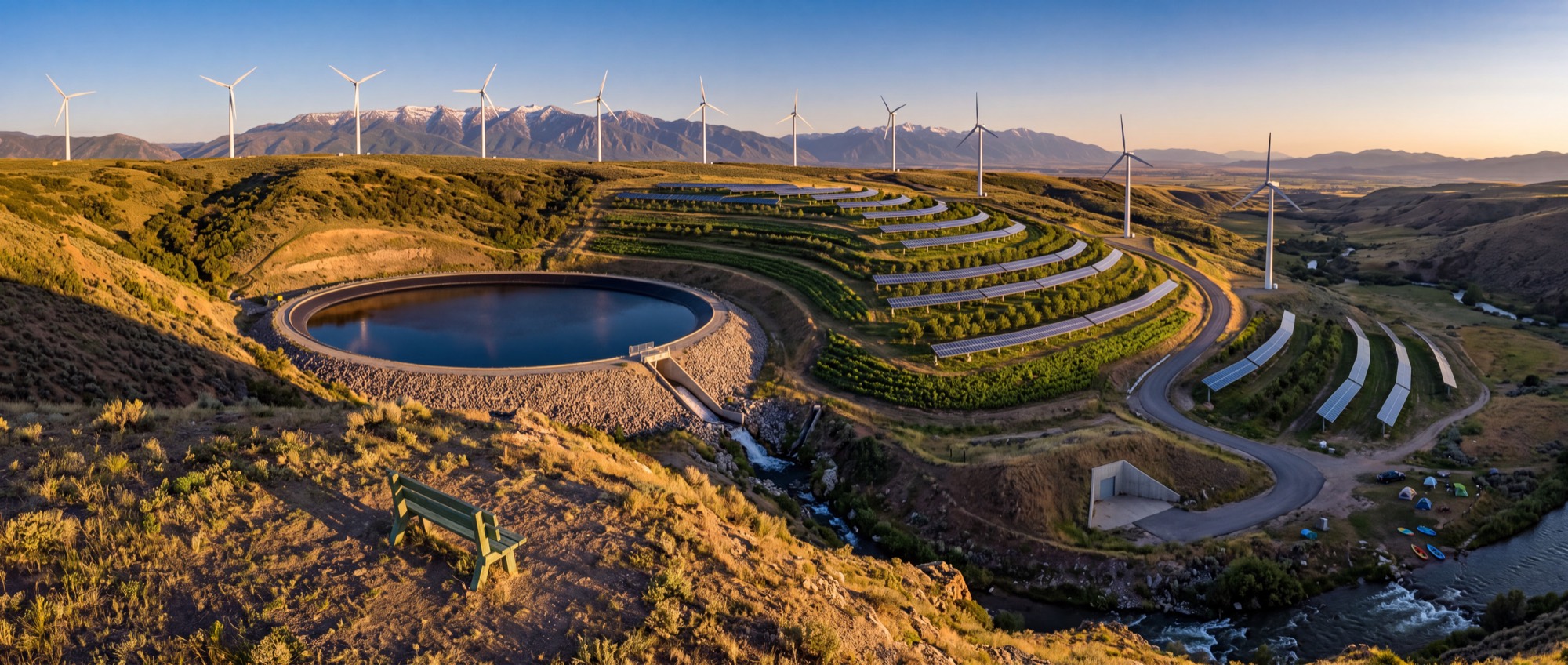 Aerial view at golden hour of a perfectly circular dark reservoir set into a hollow on a dry grass bench, its rim armoured with pale riprap. To the right, curving terraces of solar panels follow the contour with green crops planted in the strips between the rows. Wind turbines stand along the ridge and across the valley beyond, with snow-capped mountains behind. A small pale portal is set into the slope at the toe of the pool, a service road switchbacks down to it, and a river runs through a gorge at bottom right. A single empty bench in the foreground looks out over all of it.